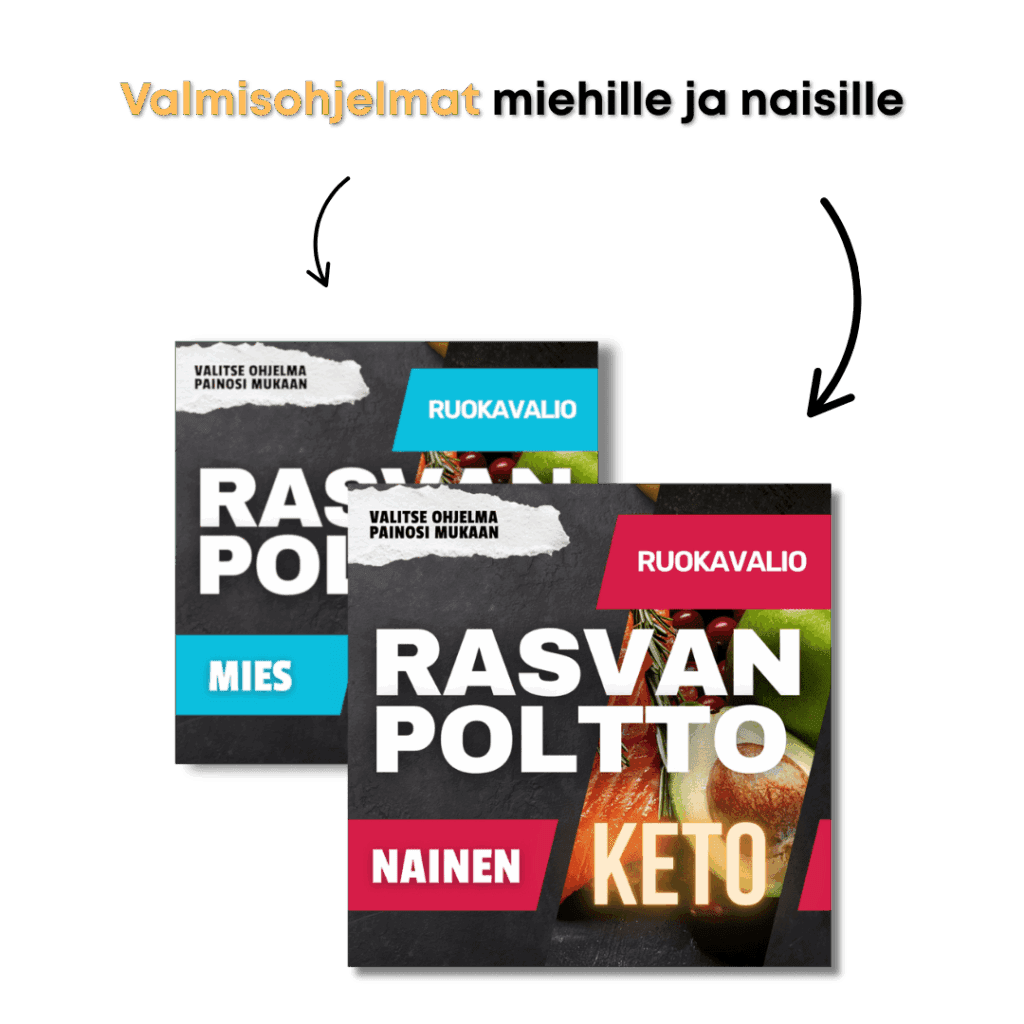 Kuvassa kaksi valmista ketoruokavalio-ohjelmaa rasvanpolttoon – erikseen miehille ja naisille suunnattuna.