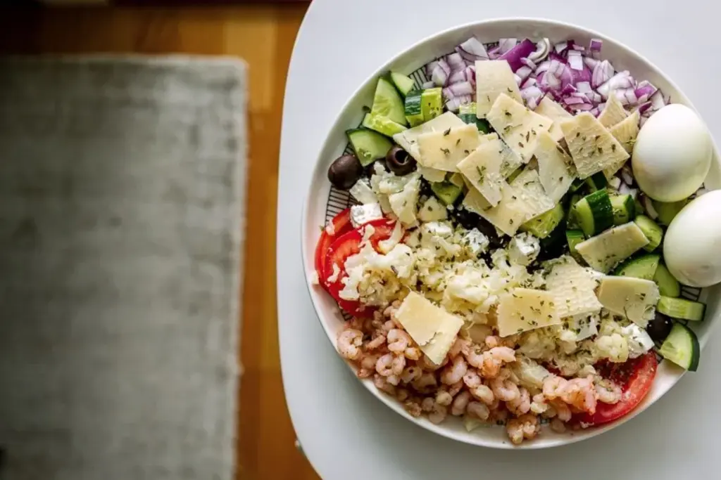 Täteläinen ja värikäs keto-salaatti.